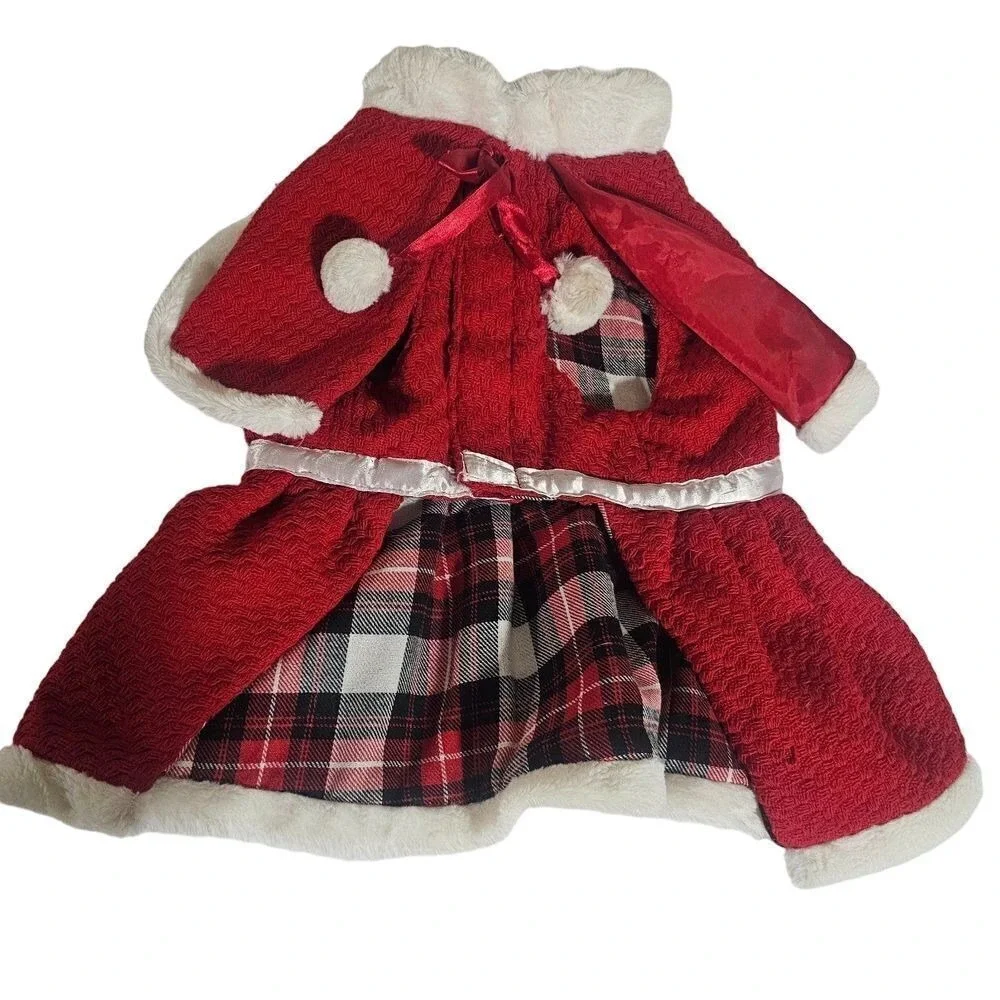 Santa Dress‎ Dog Cat Pet Costume Red Plaid Fuzzy Trim Belted Size L